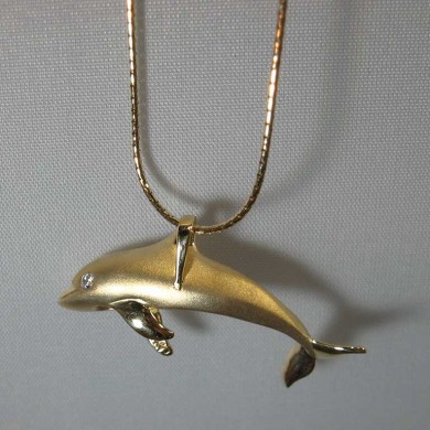 3D 14k gold diamond dolphin necklace